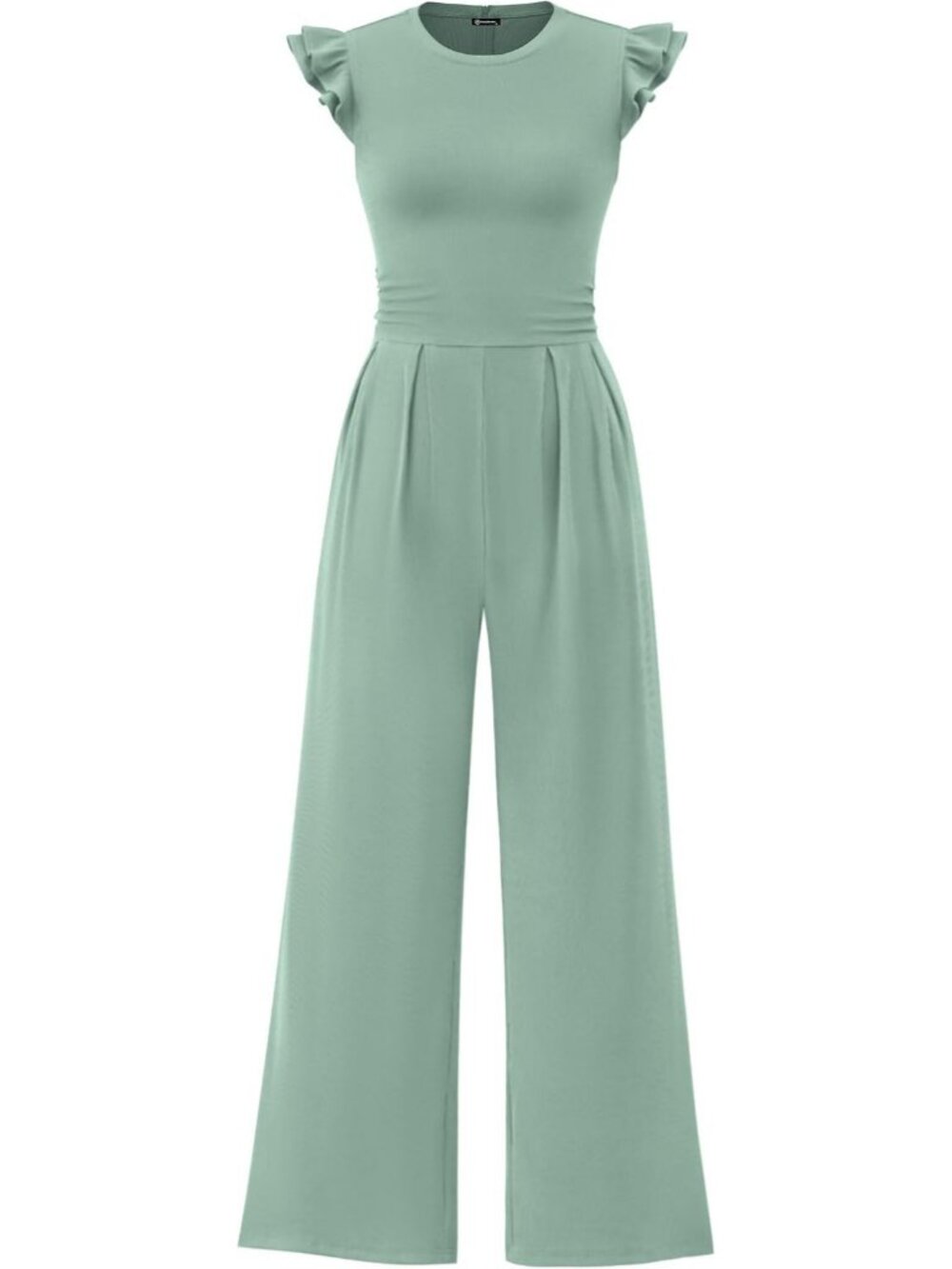 Women's Fruit Green Crewneck Jumpsuits Cap Sleeve Ruffle Ribbed Wide Leg Romper